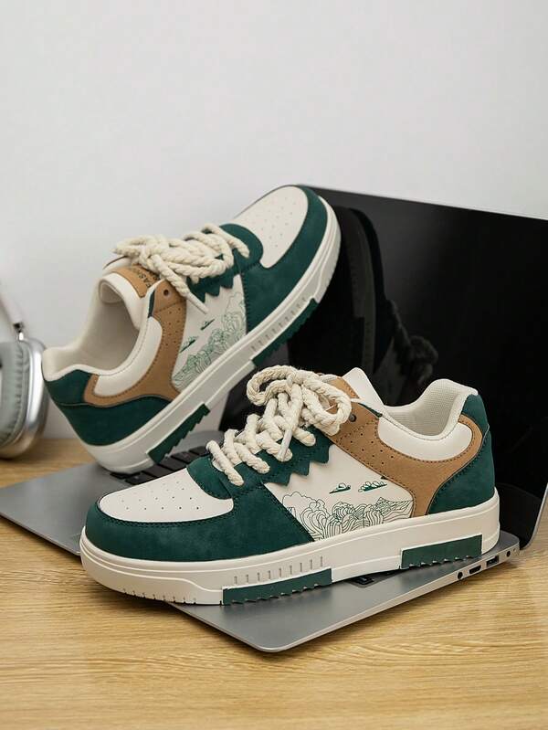 (Runs Small) Men's Niche Colorblock Lace-Up Flat Casual Sports Shoes, Random Print Pattern Comfortable Streetwear Couple Flat Shoes, Versatile