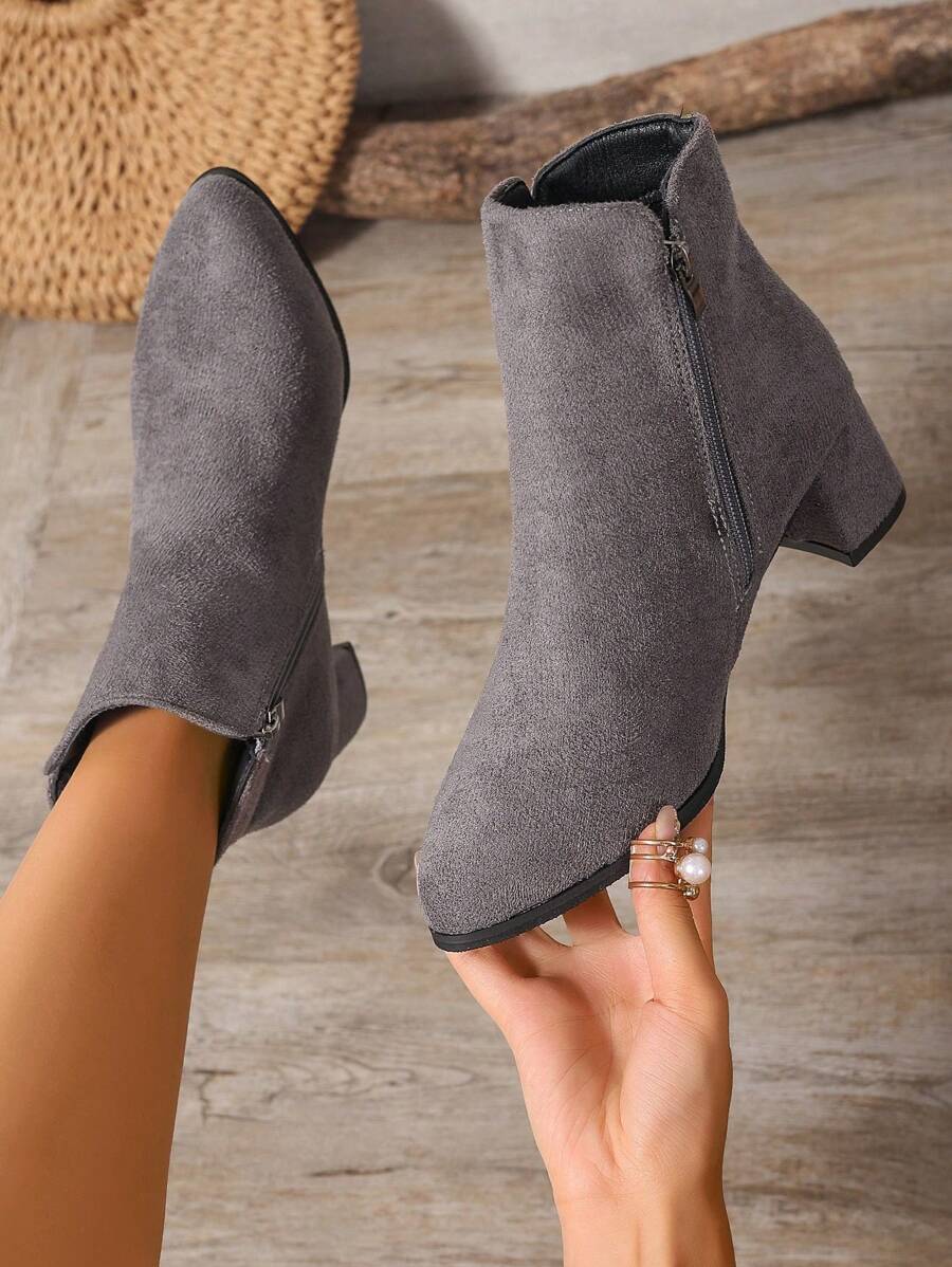 Women's Suede Pointed Toe Chunky Heel Side Zip Elegant Short Boots, Dress Ankle Boots - Grey - View 1