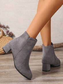 Women's Suede Pointed Toe Chunky Heel Side Zip Elegant Short Boots, Dress Ankle Boots - Grey - View 6
