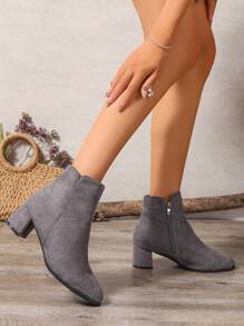 Women's Suede Pointed Toe Chunky Heel Side Zip Elegant Short Boots, Dress Ankle Boots - Grey - View 4