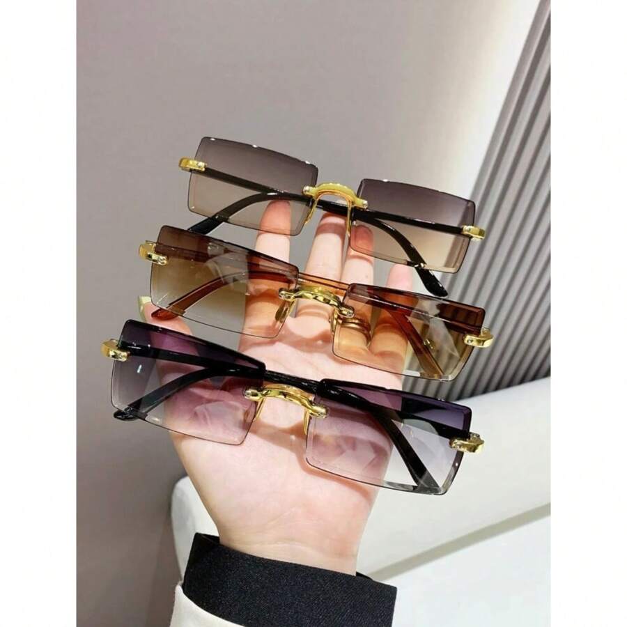 3 piezas gafa de sol con montura rectangular sin borde para mujeres y hombres, accesorios de viaje, playa , vintage al aire libre - Multicolor - Ver 1