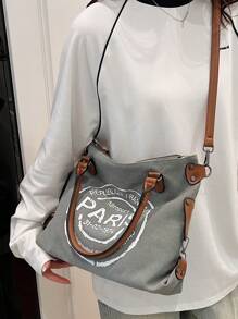 韩版休闲手提帆布包女新款时尚字母托特包大容量斜挎包女包适合约会逛街购物外出通勤日常搭配办公度假送礼 - 灰色 - 查看 2