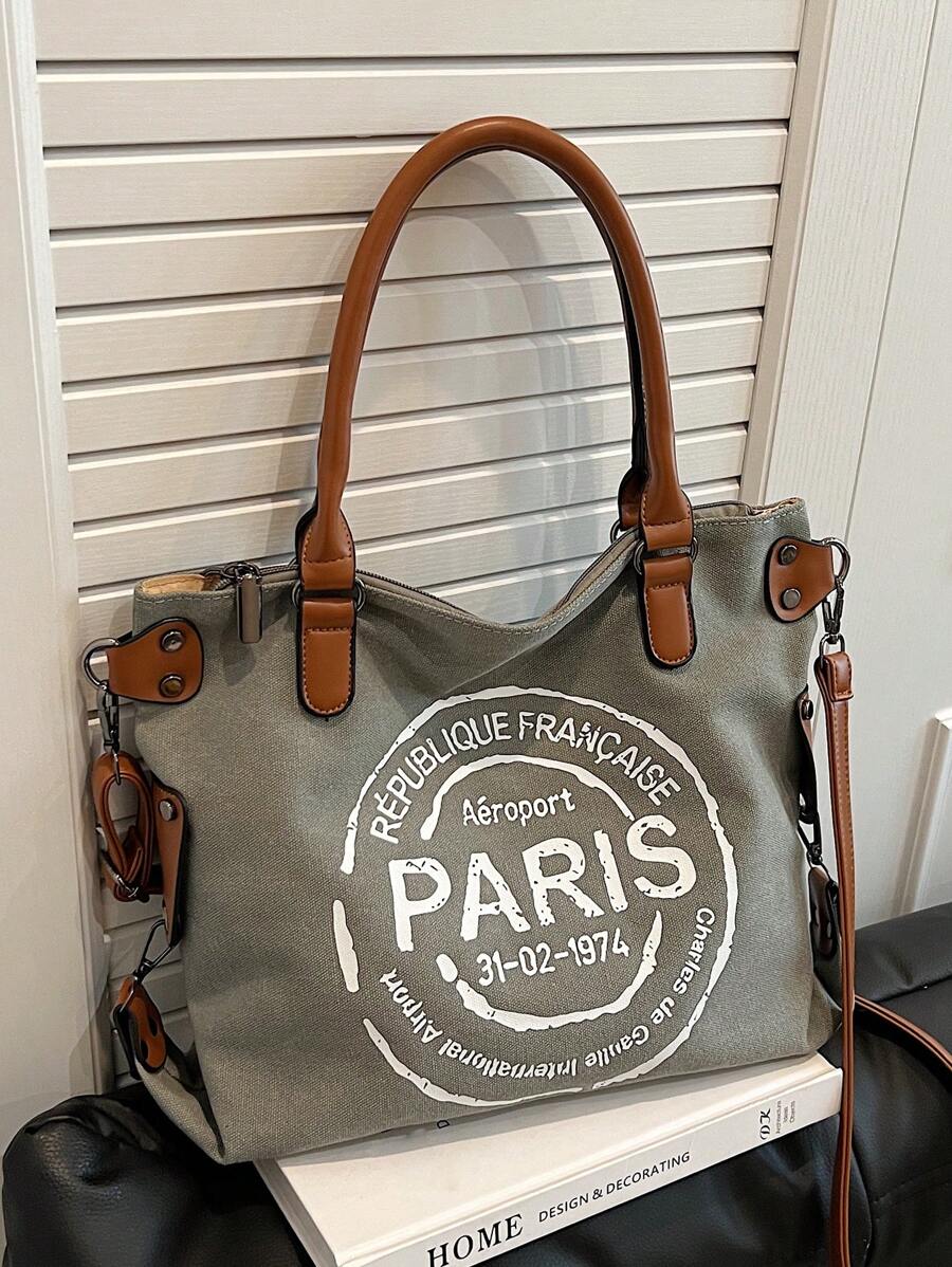 韩版休闲手提帆布包女新款时尚字母托特包大容量斜挎包女包适合约会逛街购物外出通勤日常搭配办公度假送礼 - 灰色 - 查看 1