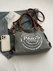 韩版休闲手提帆布包女新款时尚字母托特包大容量斜挎包女包适合约会逛街购物外出通勤日常搭配办公度假送礼 - 灰色 - 查看 8