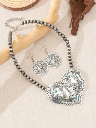 欧美波西米亚风1件套女士精致马头心形珠锌合金绿松石项链耳环首饰套装，适合日常佩戴、装扮、度假