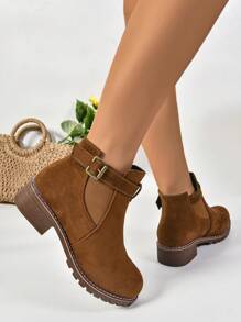 Plus Size Suede Short Boots For Women, New Design Short Shaft Vintage Chunky Heel Slip-On  Boots, British Style - Brown - View 6