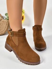 Plus Size Suede Short Boots For Women, New Design Short Shaft Vintage Chunky Heel Slip-On  Boots, British Style - Brown - View 4
