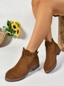 Plus Size Suede Short Boots For Women, New Design Short Shaft Vintage Chunky Heel Slip-On  Boots, British Style - Brown - View 3