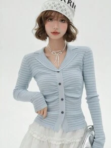 Teen Girl Striped Knit Sweater Long Sleeve, Pullover - Blue - View 1