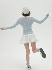 Teen Girl Striped Knit Sweater Long Sleeve, Pullover - Blue - View 2