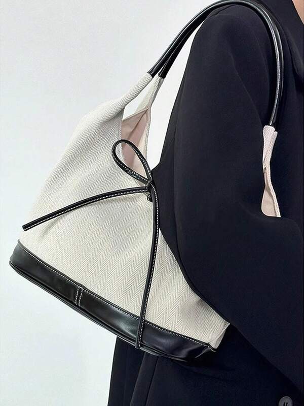 Bowknot Niche Canvas Patchwork Shoulder Underarm Bag With Large Capacity, Simple Commuting Fashion, Portable Tote Bag
