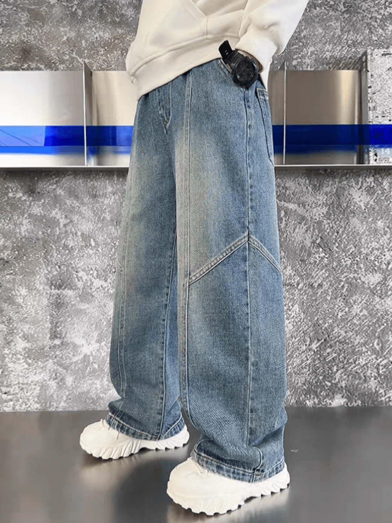 Tween Boy Vintage Streetwear Patchwork Straight Jeans, Casual Loose High Waisted Straight Denim Pants For Tween Boys' - Blue - View 1