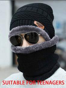 1 件温暖时尚舒适的冬季无檐小帽和围巾套装，适合男孩和女孩在冬季使用。 - 黑色 - 查看 15