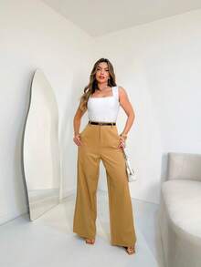 Striped Wide Leg Pants With Belt/AL844 - Apricot - View 2