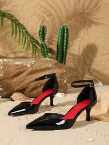 On feet& in love 2025秋冬女装时尚优雅绑带尖头镂空中跟鞋，适合搭配连衣裙和婚礼，优雅猫跟 - 黑色 - 查看 5