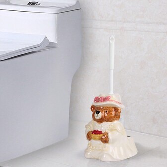 1pc Ceramic Handpainted Toilet Brush Holder With 1pc Toilet Brush, 3D Hand-Carved Sculpture Of Cute Bear Couple, Bathroom Decoration