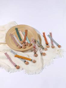 1pc Baby Fashion Printed Plaid Polka Dot Stripe Silicone Pacifier Chain & Wooden Pacifier Clip, Suitable For Daily Use - Multicolor - View 2