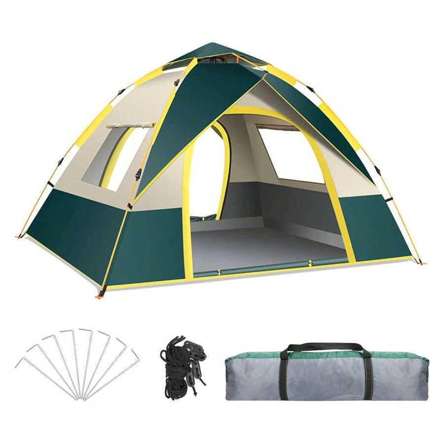 Fully Automatic Quick Opening Camping Tent, Dual Doors And Windows For Superior Ventilation, Waterproof Windproof Tent, Easy Setup, Lightweight And Portable, 2-3 Person, Ideal For Outdoor Camping, Hunting, Hiking, Mountaineering, And Travel - Màu xanh lá cây đậm - Xem 1