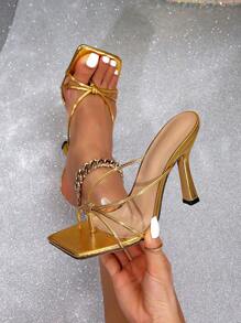 欧美风女式方头踝带高跟凉鞋，新款夏季时尚细跟罗马凉鞋，人字拖 - 金色 - 查看 1