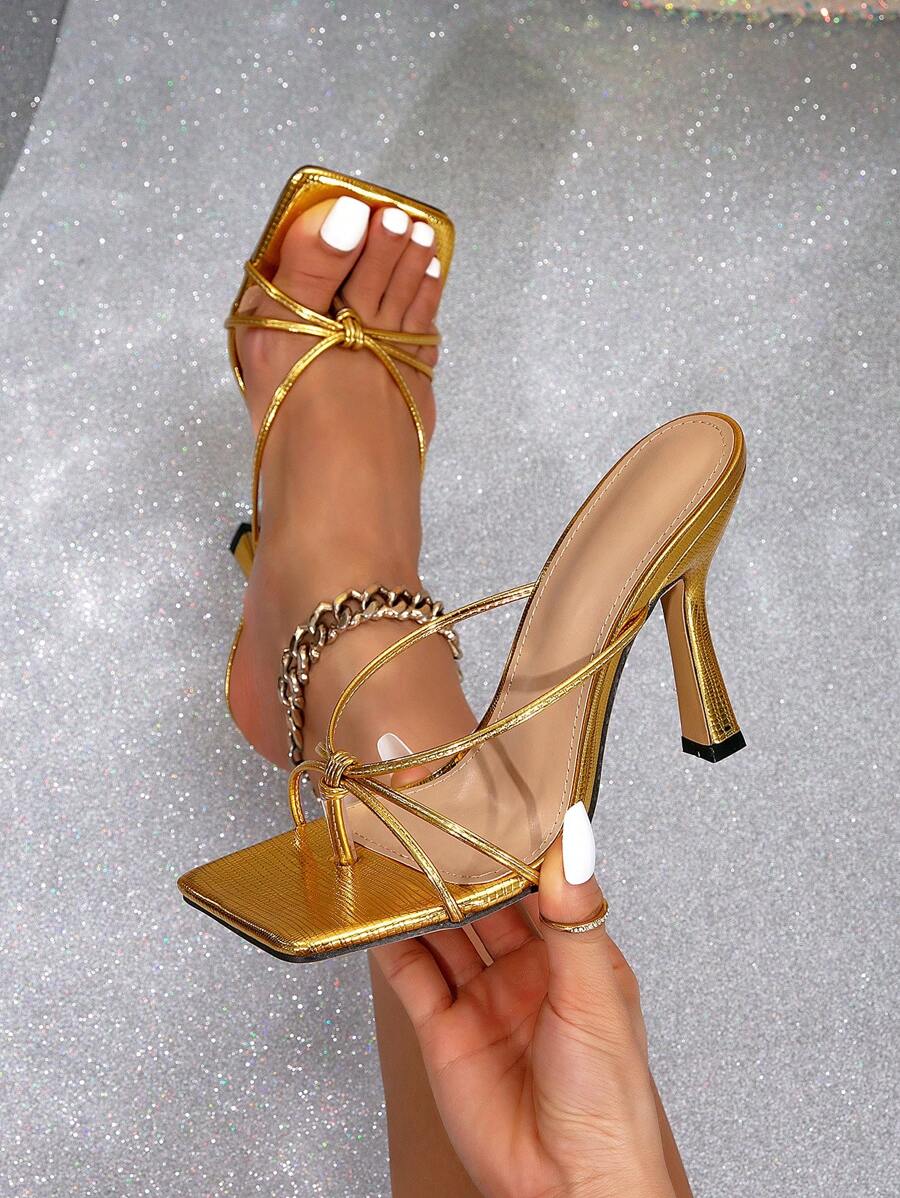 欧美风女式方头踝带高跟凉鞋，新款夏季时尚细跟罗马凉鞋，人字拖 - 金色 - 查看 1