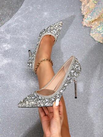 Women's Elegant Luxury Pointed Toe High Heels Crystal Embellished Slip-On Pumps, Suitable For Bride Bridesmaid Wedding Party Autumn Events