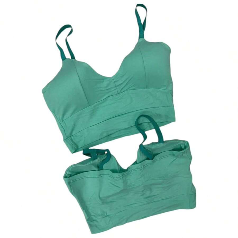 Women's Cropped Top With Thin Straps In Cotton With Padded Cup - VerdeAgua - Xem 1