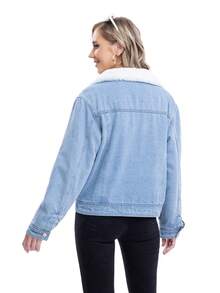 Button-Down Denim Jacket With Long-Sleeved Soft Plush Flap Chest Pockets - Medium Wash - View 2