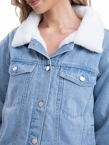 Button-Down Denim Jacket With Long-Sleeved Soft Plush Flap Chest Pockets - Medium Wash - View 5
