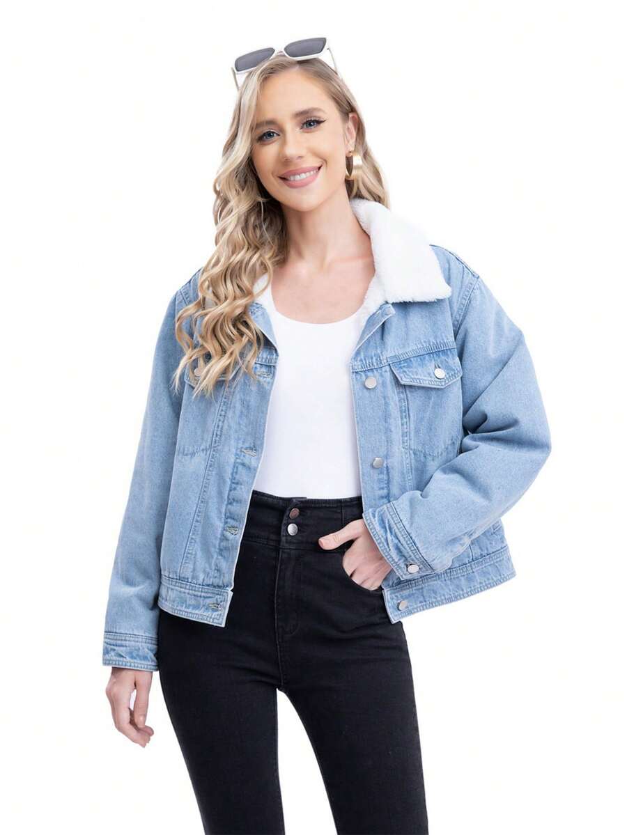 Button-Down Denim Jacket With Long-Sleeved Soft Plush Flap Chest Pockets - Medium Wash - View 1