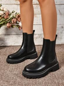 极简复古弹力切尔西靴、极简套穿切尔西靴、黑色朋克纯色切尔西靴、黑色靴子 - 黑色 - 查看 9
