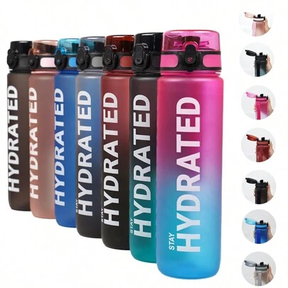 1pc 32oz(~1000ml) Or 1pc 26oz(~750ml) Gradient Color Outdoor Sports Water Bottle With Carry Strap, Time Scale & Fast Flow For Cycling, Outdoor Running, Fitness