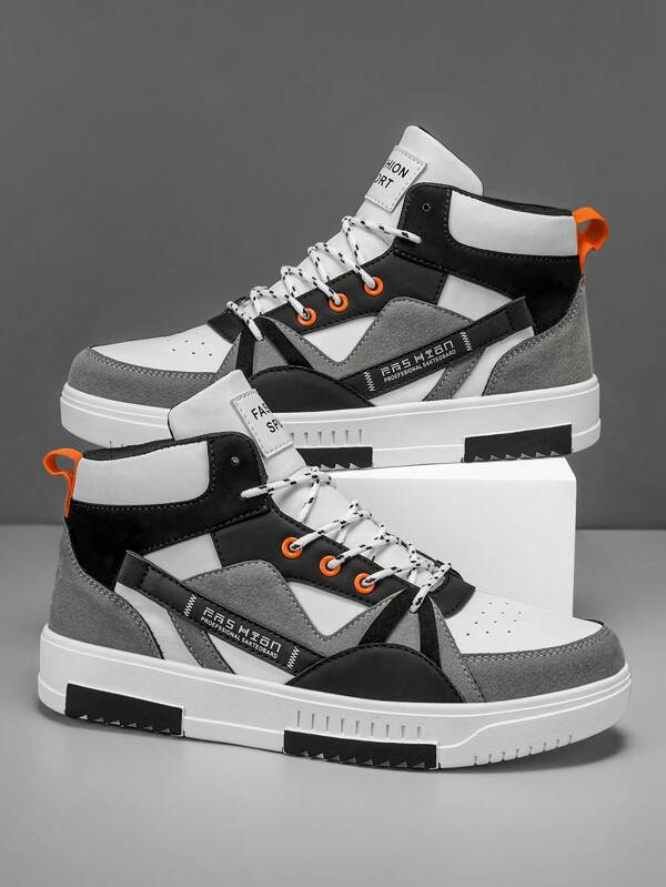 Zapatillas casuales de caballero con cordones y caña alta, diseño colorblock con letra estilizada, calzado deportivo cómodo para correr, versátil