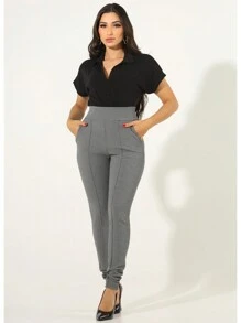 Women's High Waist Crepe Knit Skinny Dress Pants With Pocket - Xám - Xem 3