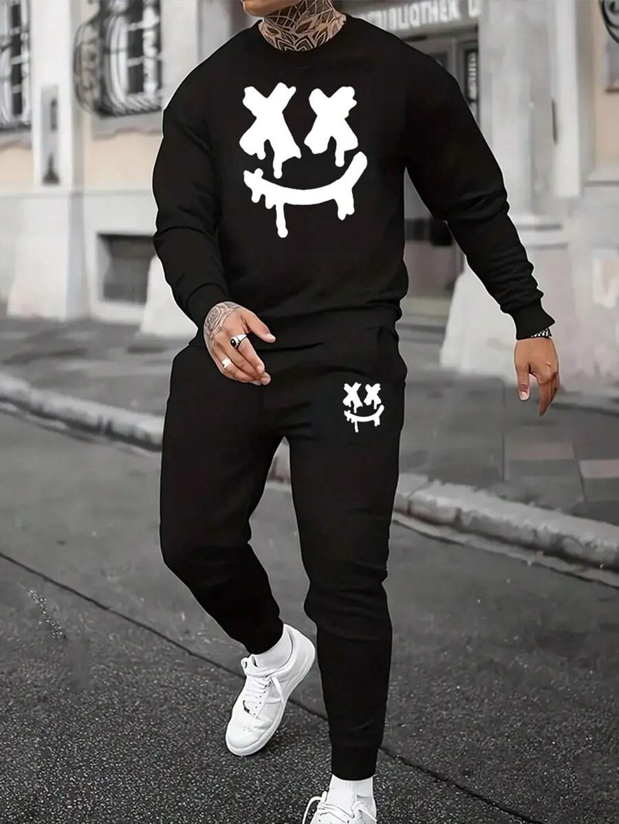 2pcs Men's Smile Face Design Graphic Sweatshirt Set, Simple Round Neck ...