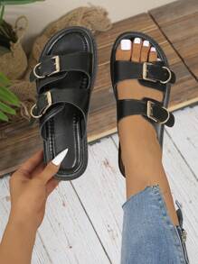 Women Fashion Strap Casual Thick Sole Flat Slip-On Sandals With Buckle, Summer