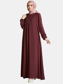 女士时尚纯色圆领长袖带口袋长袍，春季款 - 酒紅色 - 查看 3