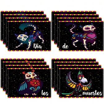 4 stuks/set, placemats, Dag van de Doden suikerschedels bloemen bedrukte placemats (45x32cm/17.7x12.6inch), feestelijke eettafelmatten, polyester kleurrijke bloemenpatronen voor feestdagen en woonaccessoires
