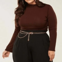 Long Sleeve High Neck Blouse - 鏽棕色 - 查看 2