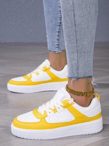 White & Yellow Women Sports Shoes, Party Sneakers With Classic Colorblock Round Toe Lace-Up, Thick Sole Cushioning Comfort Skateboarding Shoes, Holiday & Birthday Gift, Student Sneakers - 白黃 - 查看 4