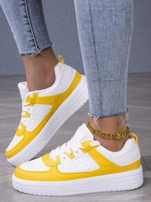 White & Yellow Women Sports Shoes, Party Sneakers With Classic Colorblock Round Toe Lace-Up, Thick Sole Cushioning Comfort Skateboarding Shoes, Holiday & Birthday Gift, Student Sneakers - 白黃 - 查看 5