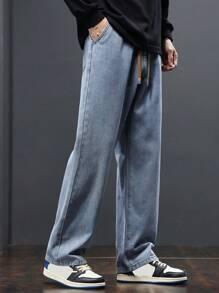 Blugi bărbătești cu talie elastică și croială relaxată, spălați, drepți