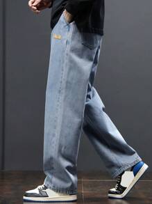 Blugi bărbătești cu talie elastică și croială relaxată, spălați, drepți