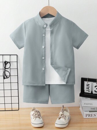 男婴简约时尚复古休闲纯色短袖衬衫和短裤套装