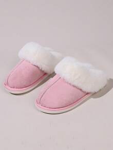 Dép vải nhung, Dép lông cừu ấm áp cho nữ mùa đông mới trong nhà chống trượt cho cặp đôi, mùa thu đông - Hồng - Xem 1