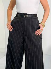 Striped Wide Leg Pants With Belt/AL844 - 黑色 - 查看 4