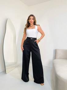 Striped Wide Leg Pants With Belt/AL844 - 黑色 - 查看 1
