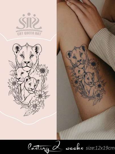 Temporary Large Floral Arm Tattoo Sticker - Minimalist Line Art Animal Lion Daisy Design, 1-2 Weeks Waterproof Fade-Resistant, Suitable For Chest, Abdomen, Back, Thigh, Shoulder, Neck, Collarbone, Natural Plant Ingredients, Suitable For Y2K Music Festival, Valentine's Day, Carnival, DIY Party Holiday Gifts