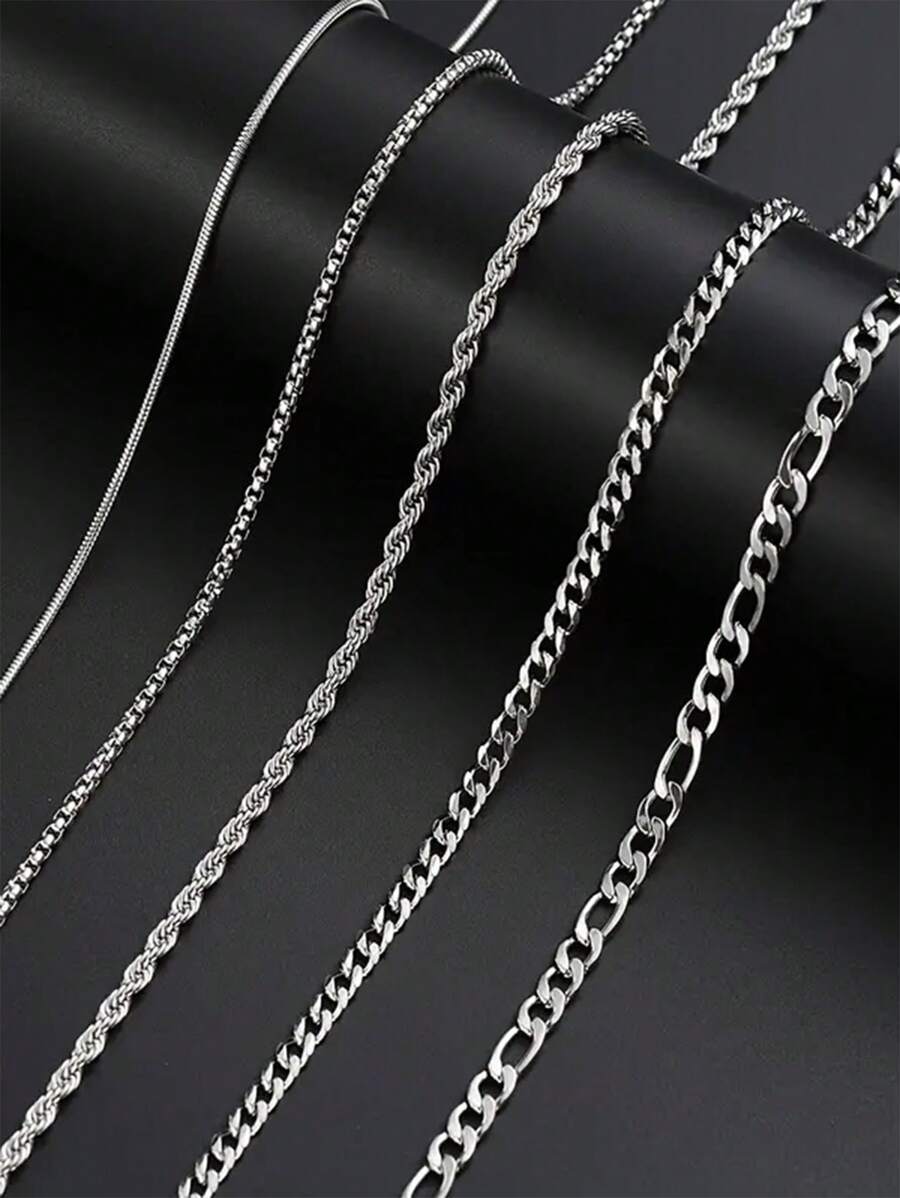 5pcs/Set Stainless Steel Titanium Steel Box Chain, Round, Snake, Basketball, Water Necklace Suit, Suitable For Men's Daily Wear - Silver - View 1