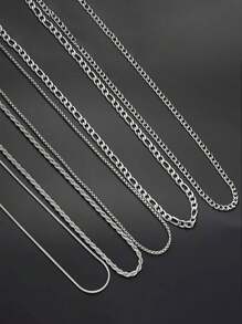 5pcs/Set Stainless Steel Titanium Steel Box Chain, Round, Snake, Basketball, Water Necklace Suit, Suitable For Men's Daily Wear - Silver - View 3