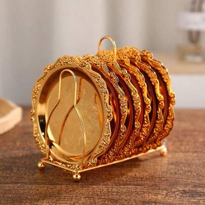 Bộ 7 chiếc đế lót ly họa tiết Châu Âu sáng bóng, đế lót ly đĩa nhỏ sang trọng nhẹ, đế lót ly trang trí phòng khách khách sạn